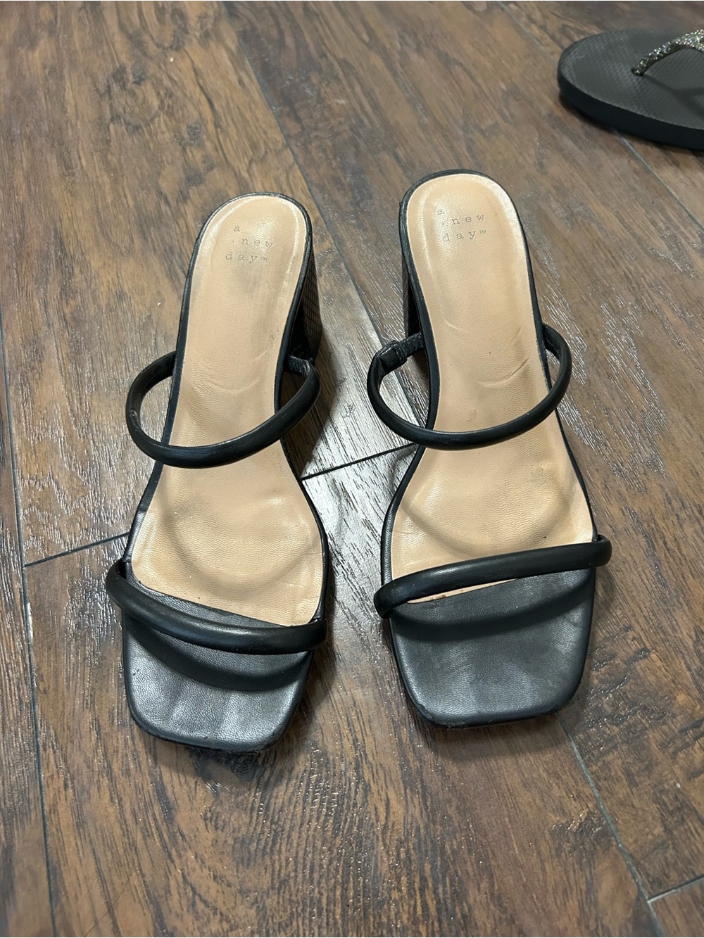 a new day Black Strappy Square-Toe Mid-Heel Sandals
